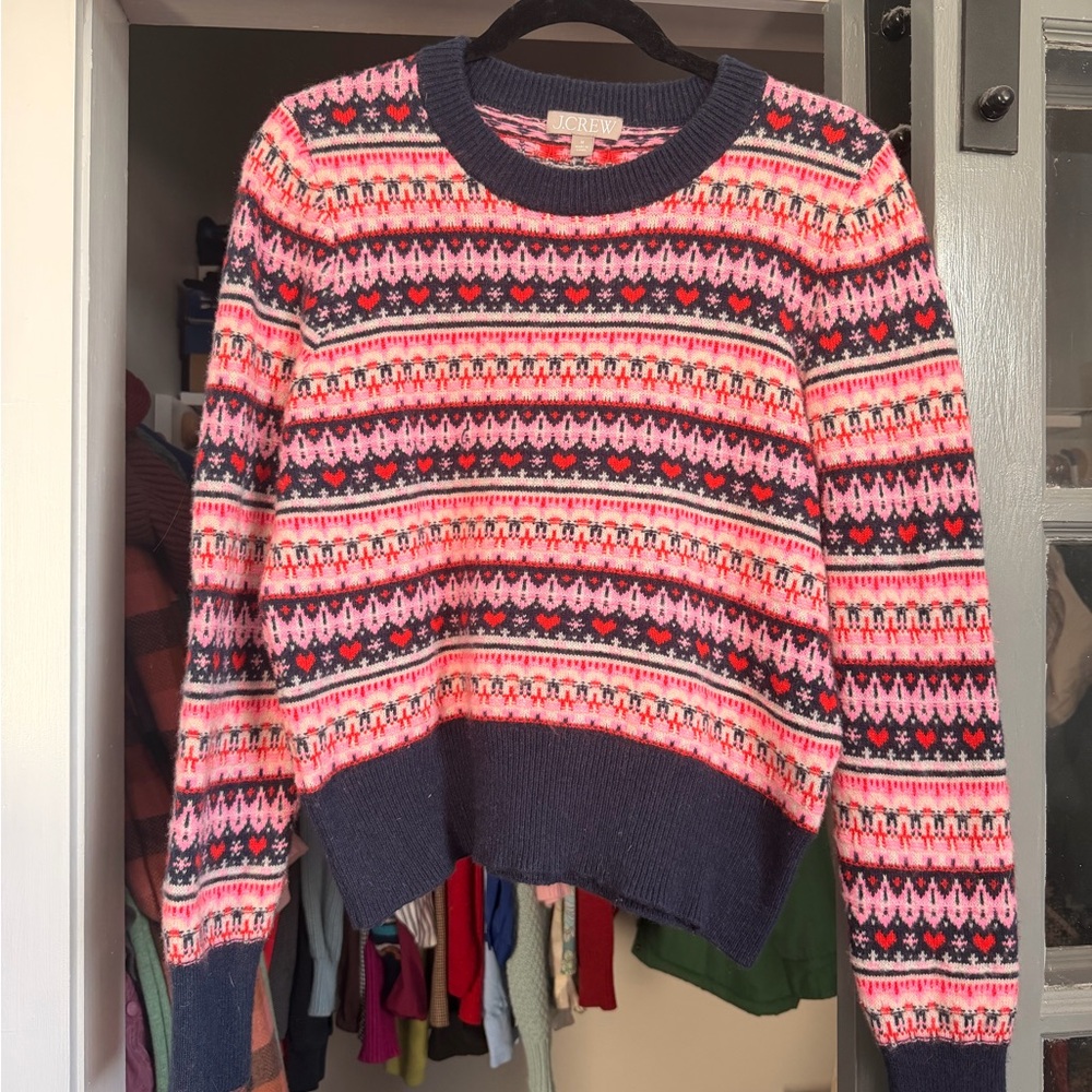 J. Crew Navy and Pink Fair Isle Crewneck Sweater